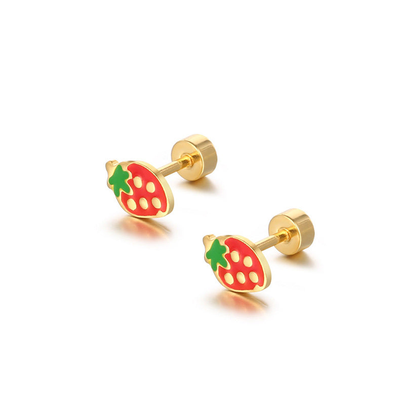 stainless steel cute strawberry enamel stud screw earrings