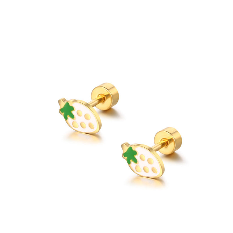 stainless steel cute strawberry enamel stud screw earrings