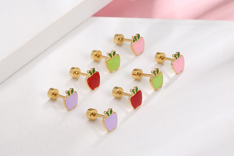 Fruit stud earrings for apple color screw flat back earrings hypoallergenic