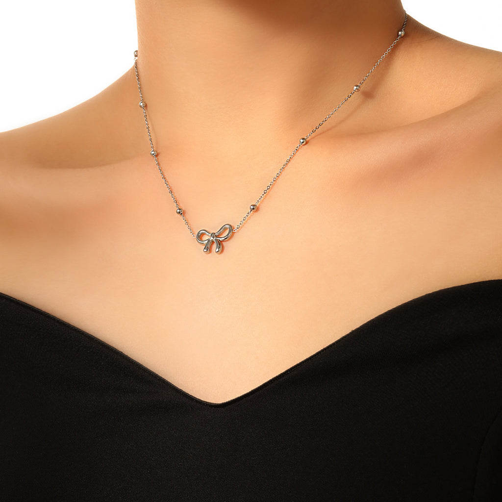 stainless steel delicate bow necklace waterproof style