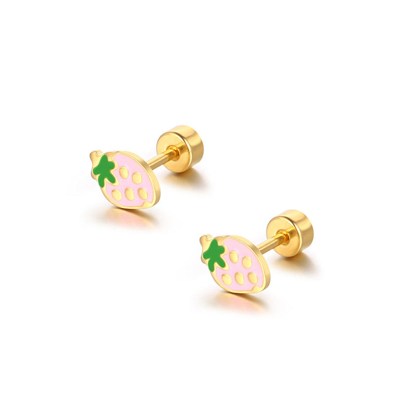 stainless steel cute strawberry enamel stud screw earrings