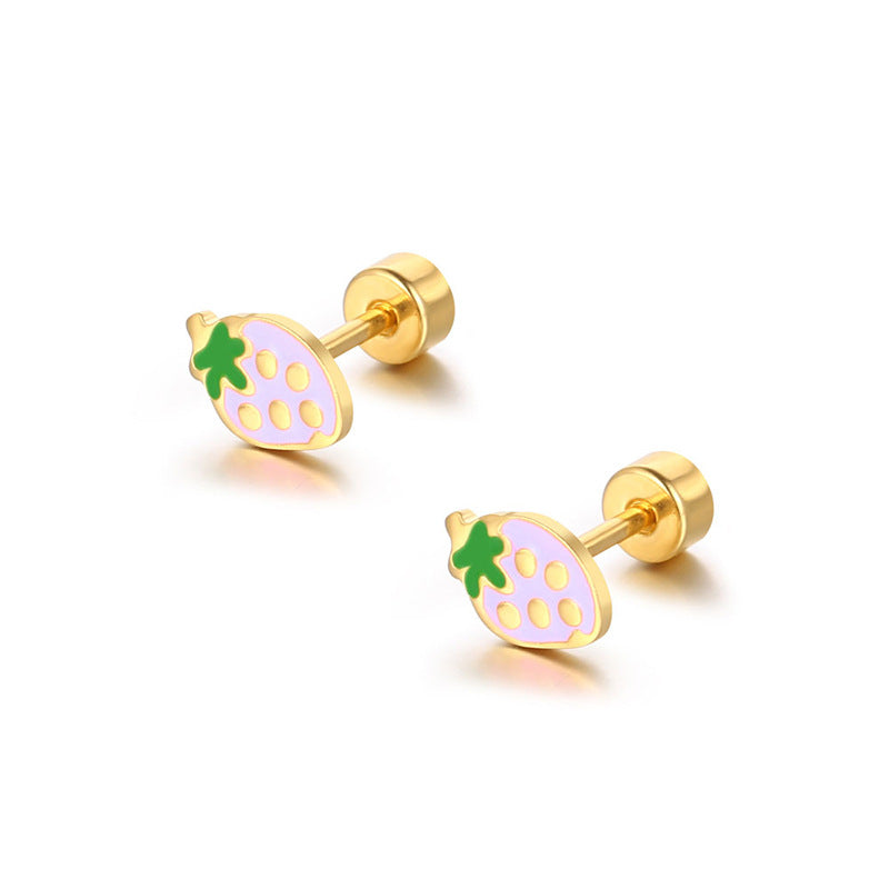 stainless steel cute strawberry enamel stud screw earrings
